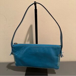Vintage Kate Spade Blue Leather Shoulder Bag with Embroidered Edge Made in Italy